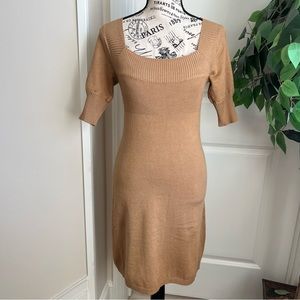Mandee Square Neck Short Sleeve Knit Dress Tan Sz M